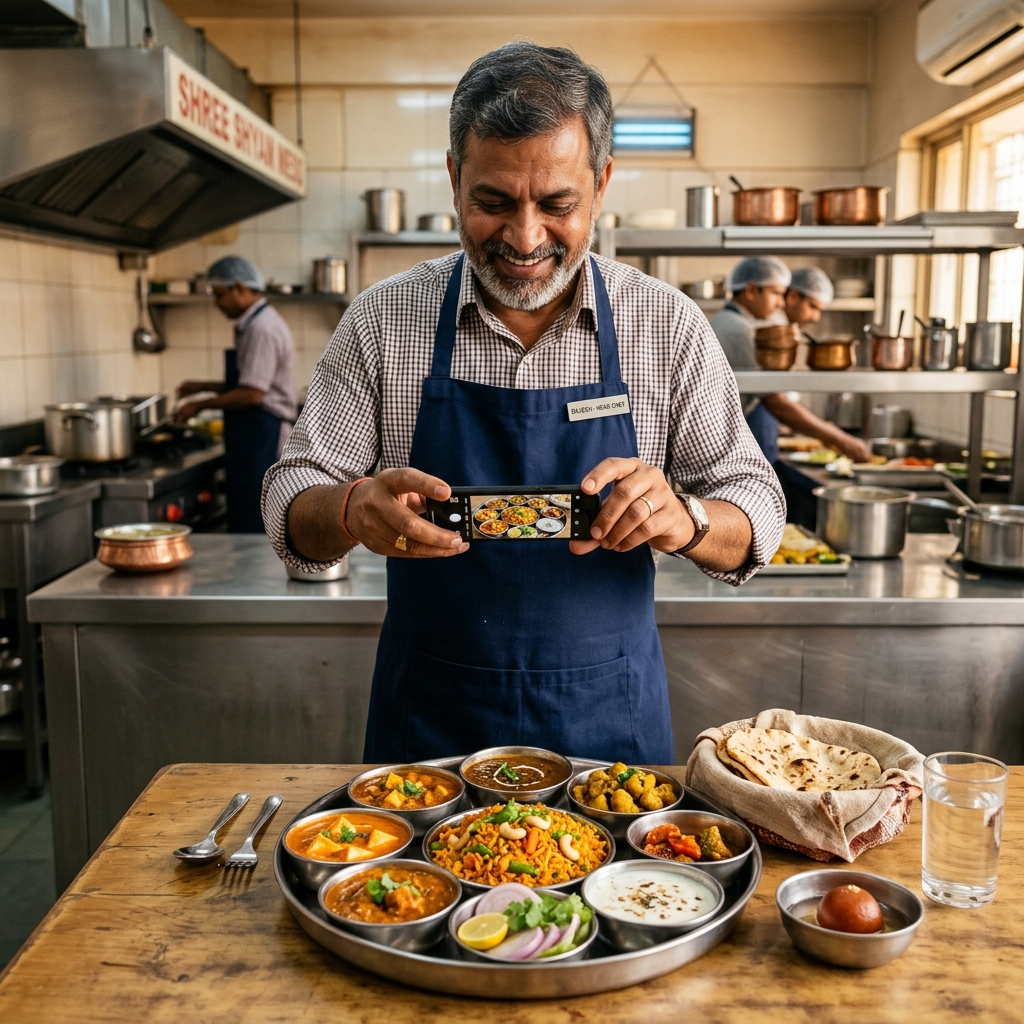 Mess owner taking a photo of thali