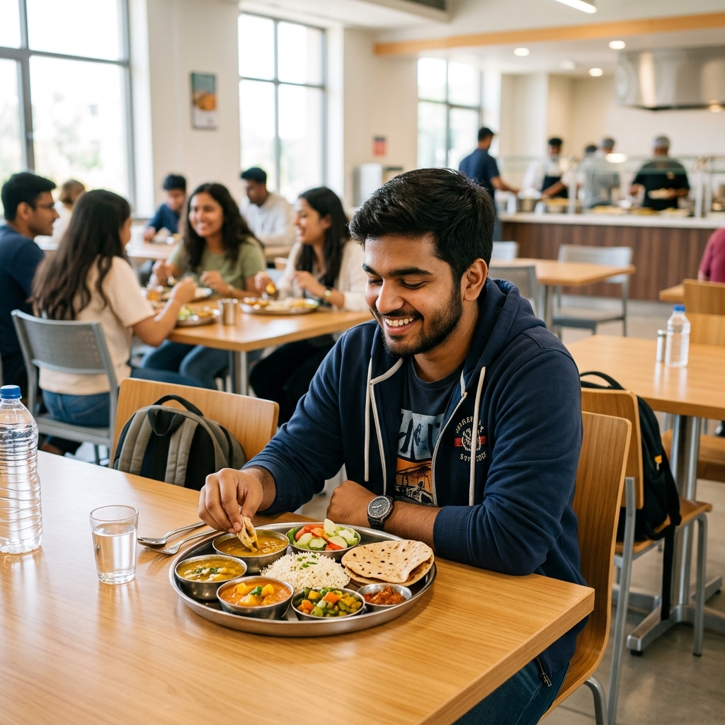 Student happily enjoying the thali meal